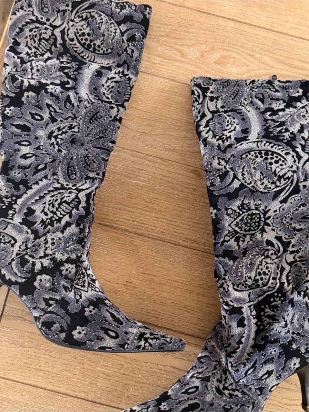 Diba Black and Gray Paisley Velvet Over-the-Knee Boots